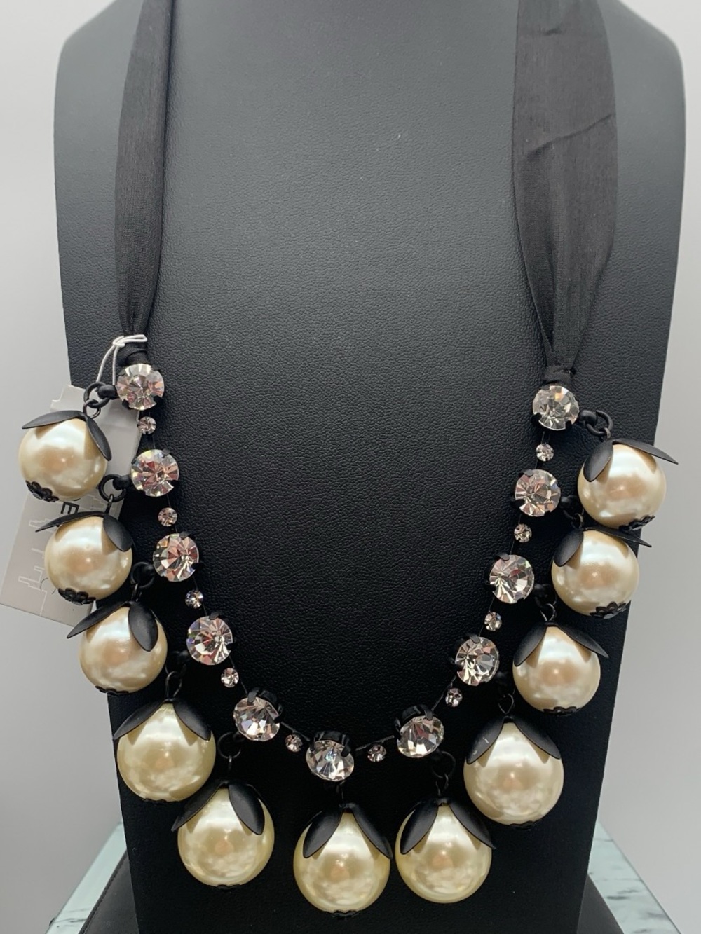 NWT Lydell NYC Elegant Pearl Drop Statement Necklace on a black ribbon